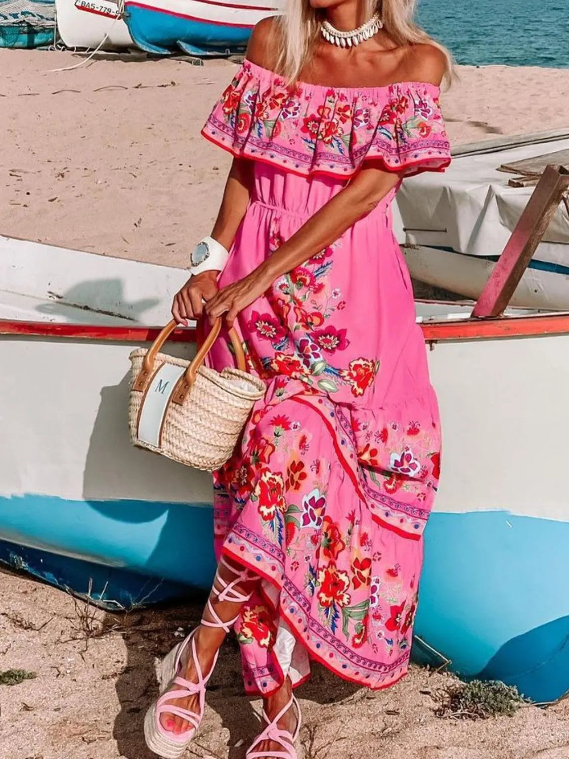 Floral Off Shoulder Ruffle Maxi Dress - Velora Luxury Fashion