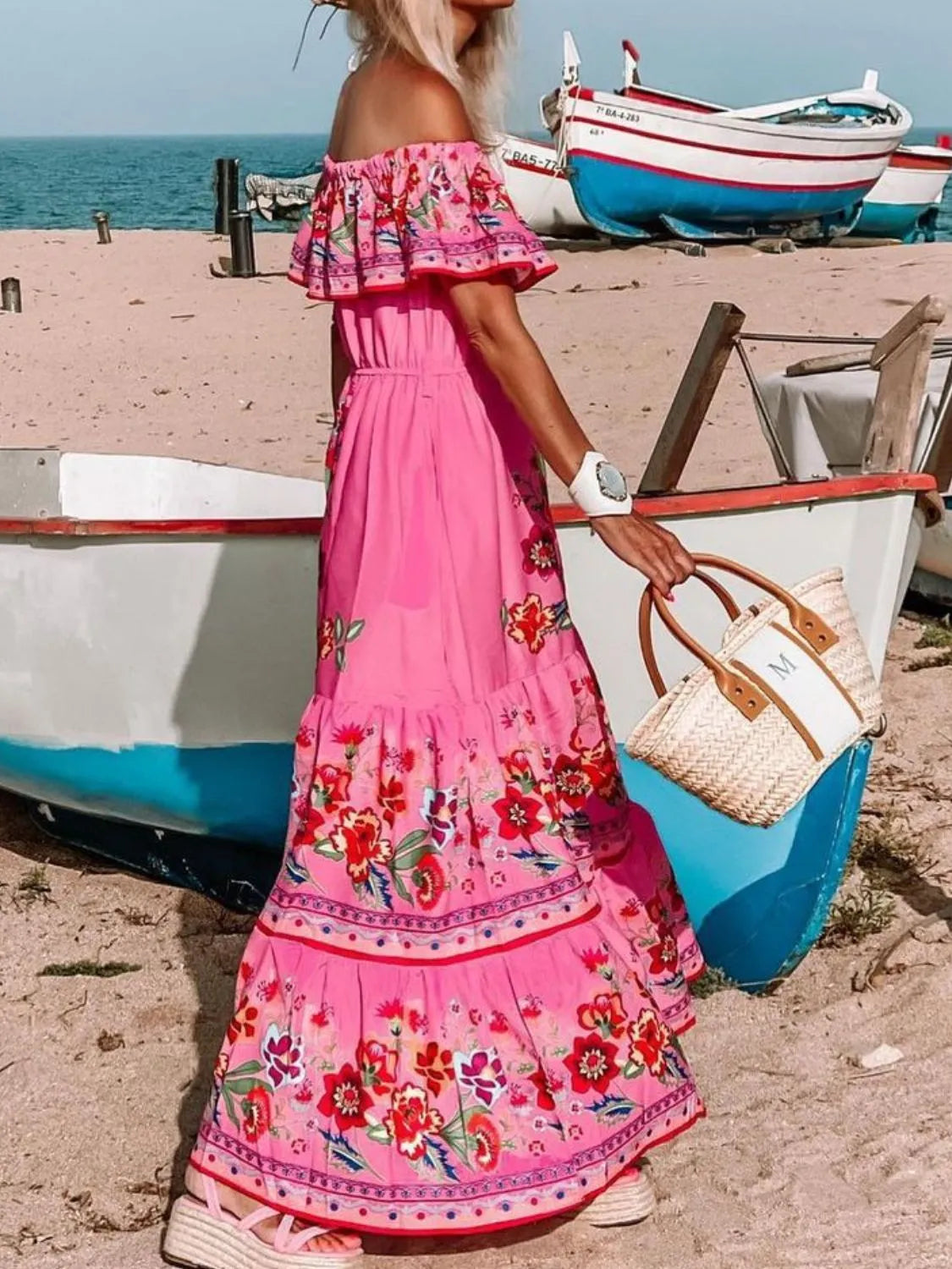 Floral Off Shoulder Ruffle Maxi Dress - Velora Luxury Fashion