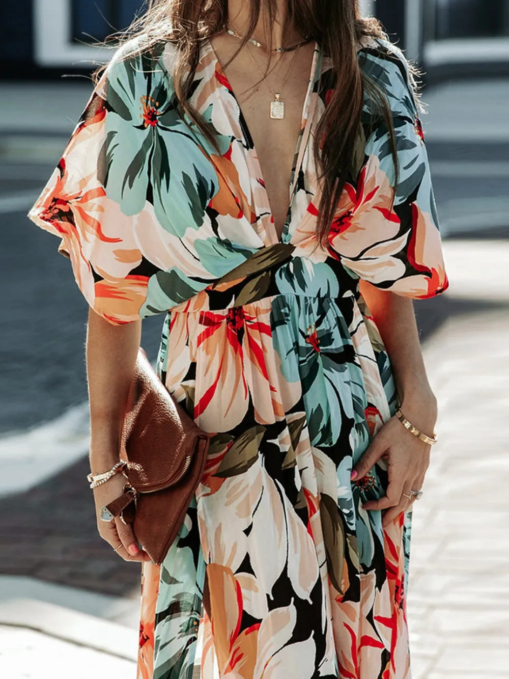 Floral Plunge Half Sleeve Dress - Velora Luxury Fashion