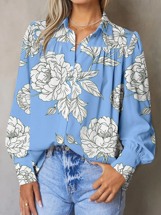 Floral Print Button Up Pleated Detail Puff Sleeve Shirt - Velora Luxury Fashion
