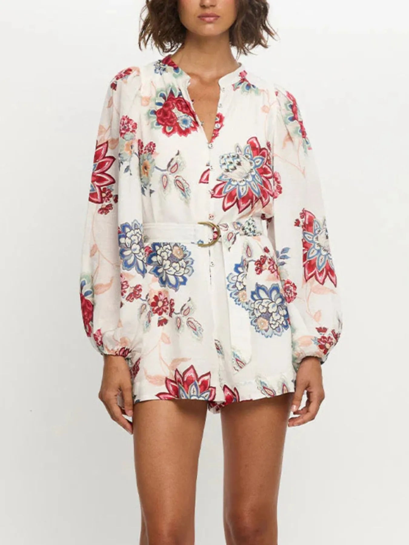 Floral Print Long Sleeve Romper - Velora Luxury Fashion