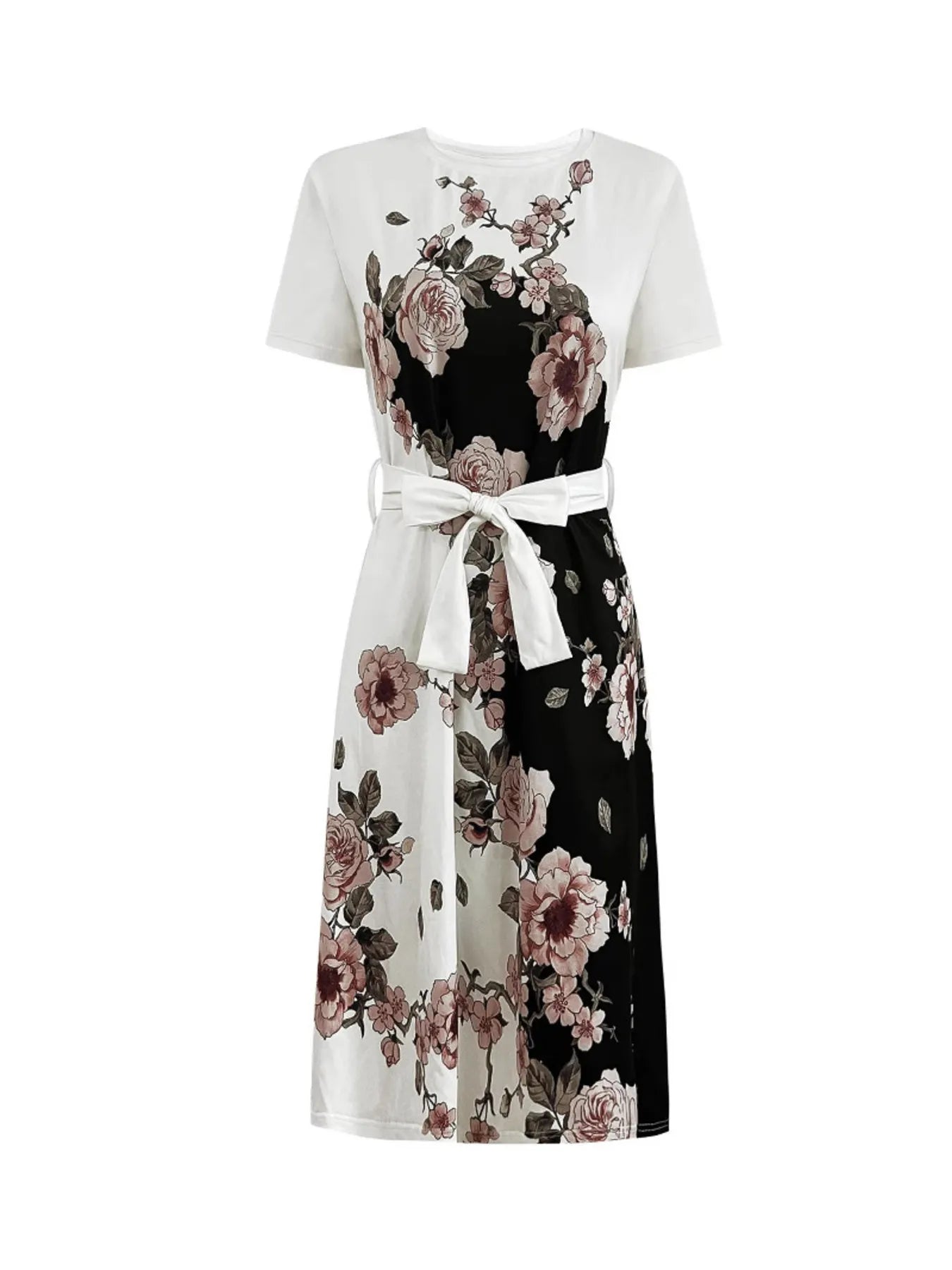 Floral Print Midi Dress with Short Sleeves - Velora Luxury Fashion