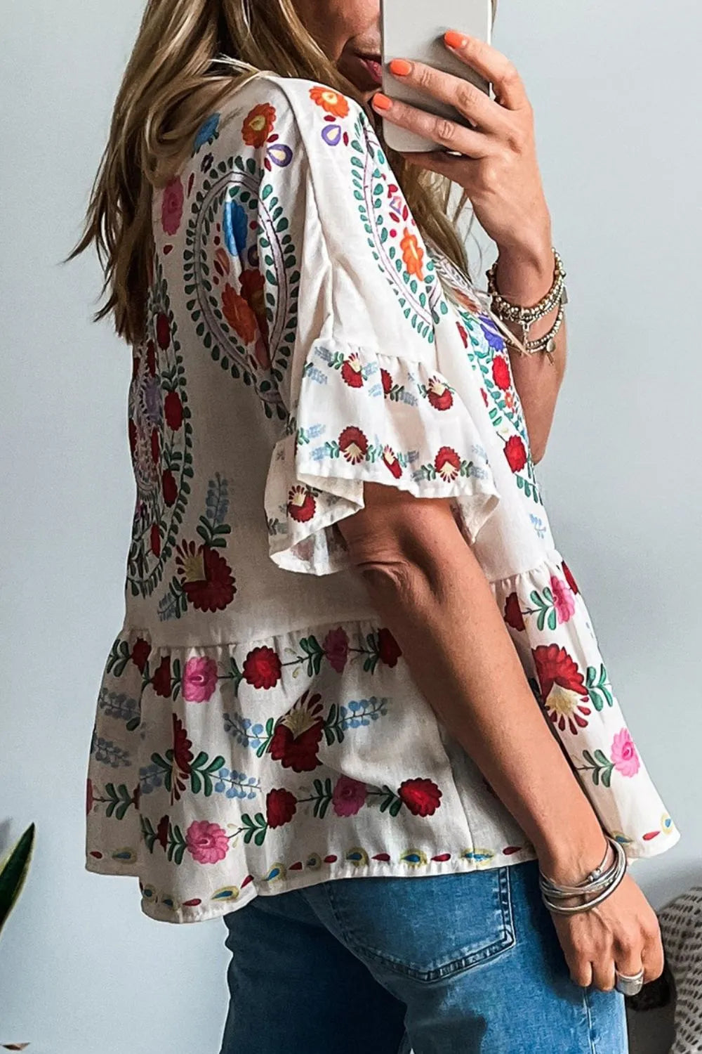 Floral Print Round Neck Ruffle Trim Blouse - Velora Luxury Fashion