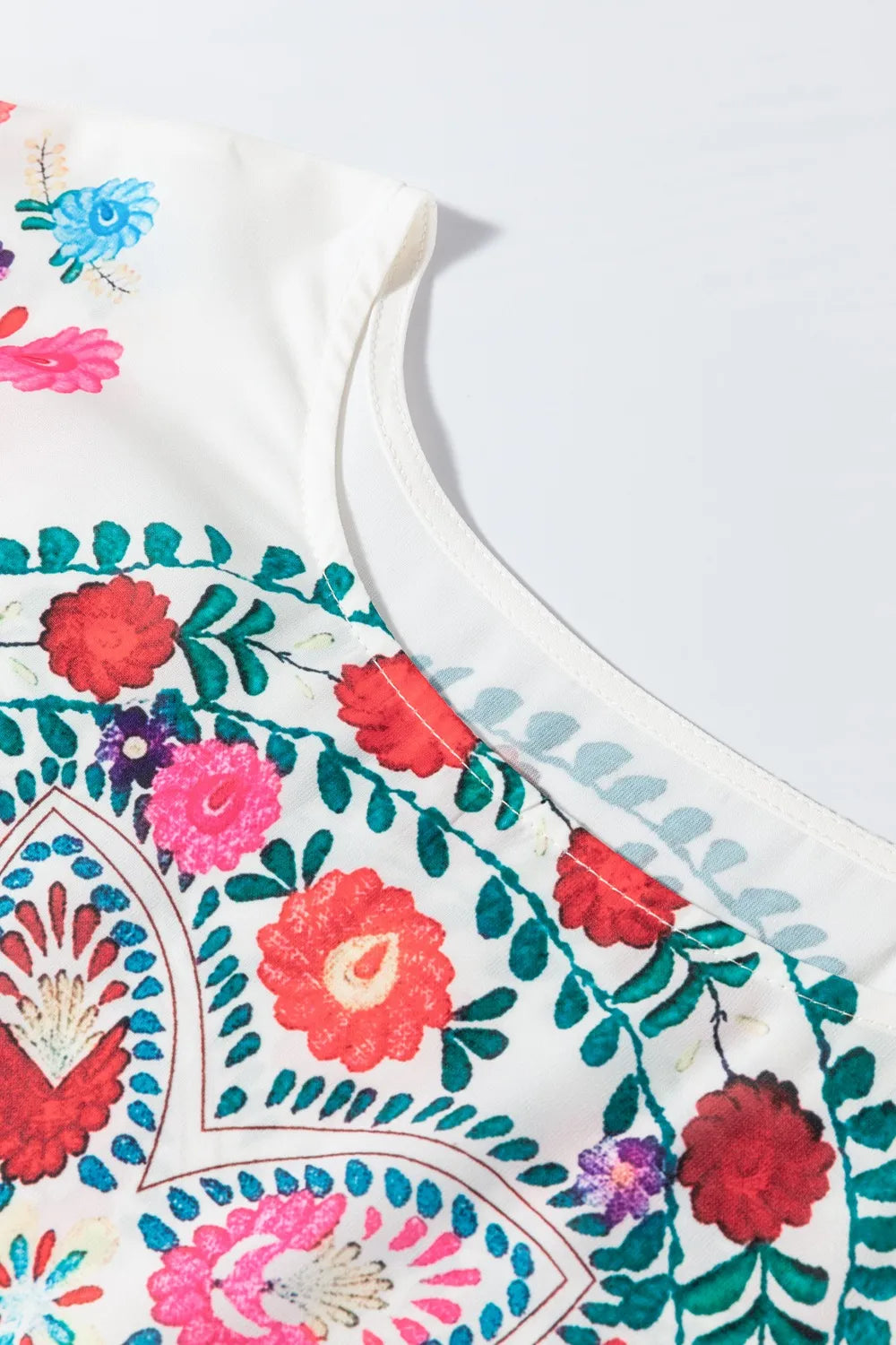 Floral Print Round Neck Ruffle Trim Blouse - Velora Luxury Fashion