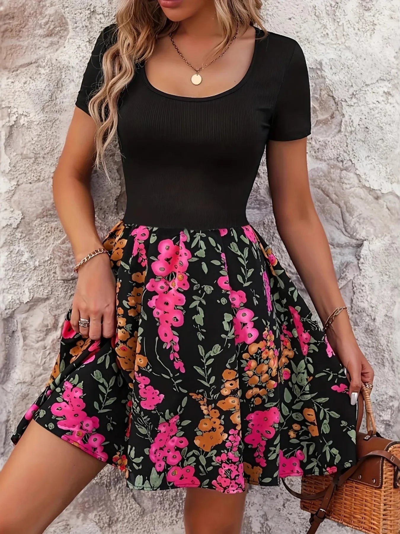 Floral Print Short Sleeve Mini Dress - Velora Luxury Fashion