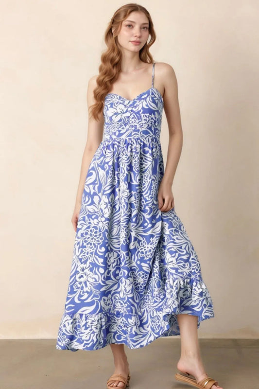 Floral Print Spaghetti Strap High Waist Dress - Velora Luxury Fashion