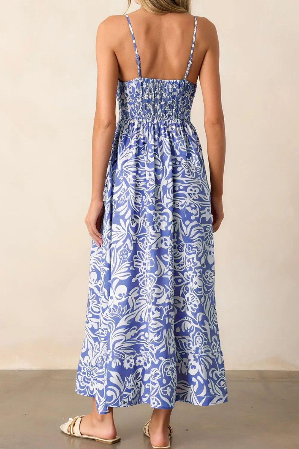 Floral Print Spaghetti Strap High Waist Dress - Velora Luxury Fashion