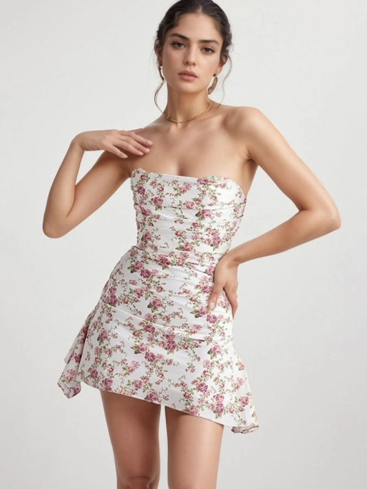 Floral Print Strapless Mini Dress - Velora Luxury Fashion
