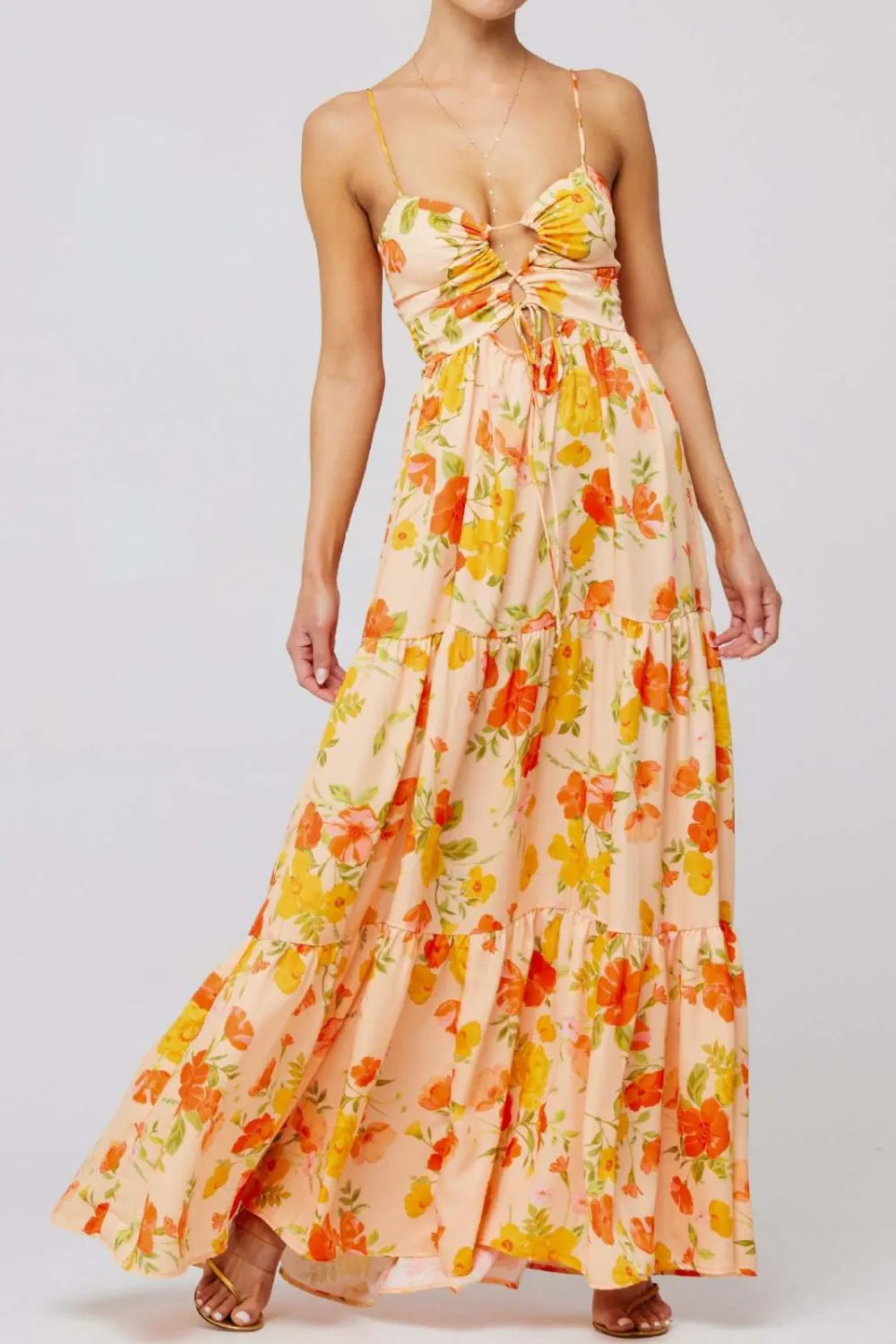 Floral Print Tie Front Tiered Maxi Dress - Velora Luxury Fashion