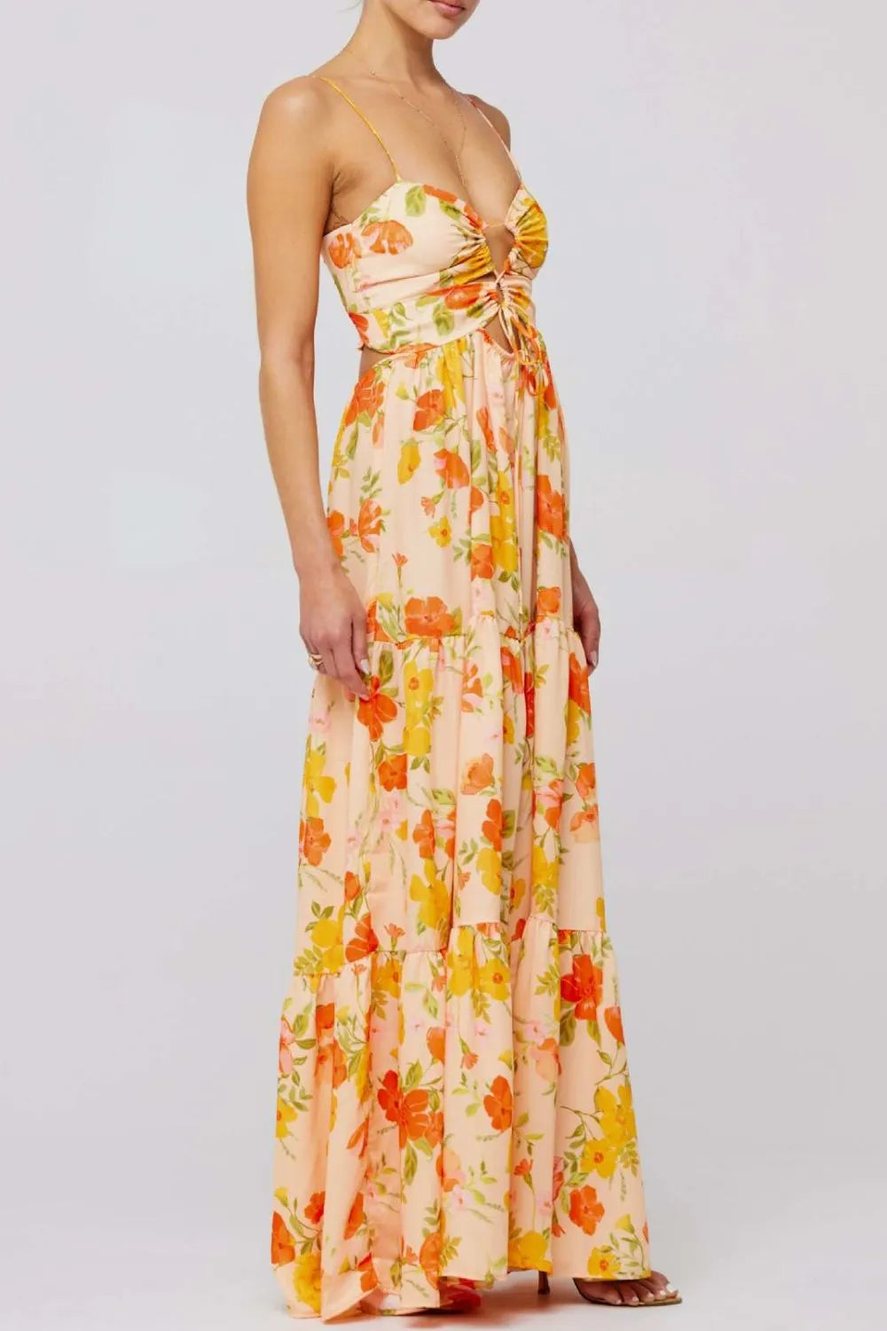 Floral Print Tie Front Tiered Maxi Dress - Velora Luxury Fashion
