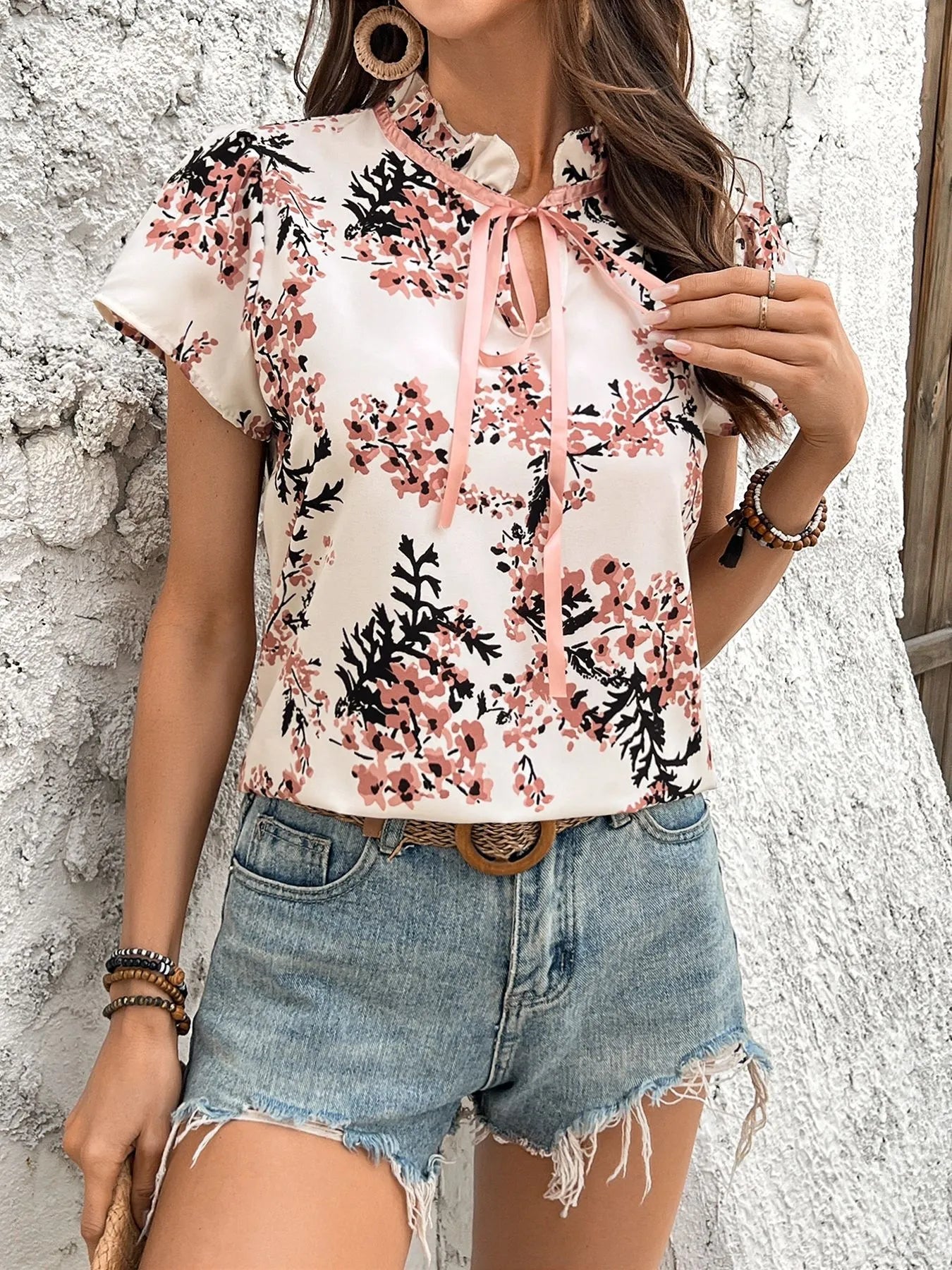 Floral Print Tie Neck Short Sleeve Blouse - Velora Luxury Fashion