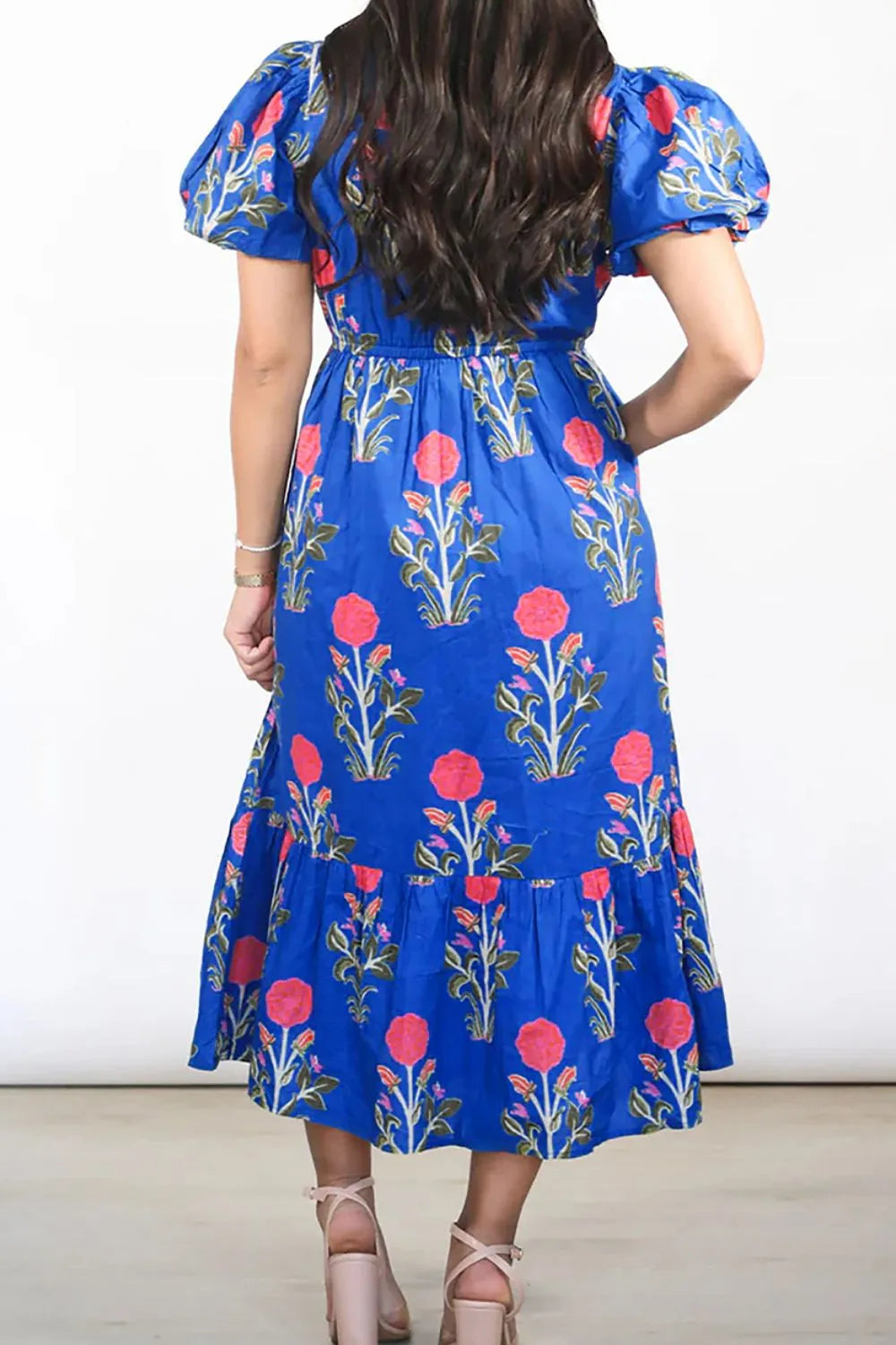 Floral Puff Short Sleeve Notched High Waist Dress - Velora