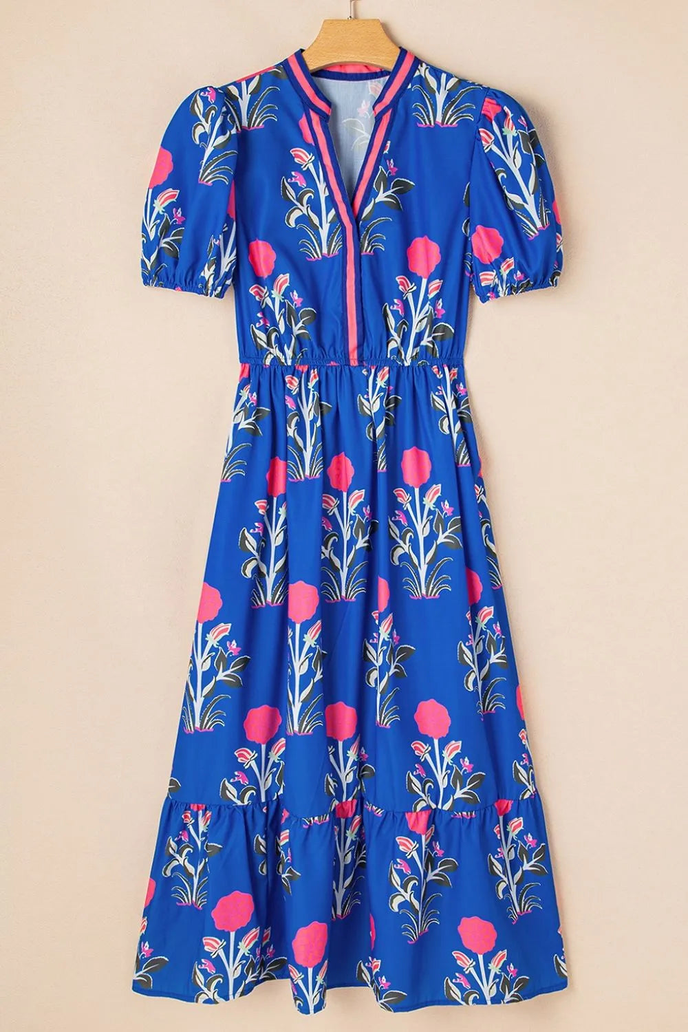 Floral Puff Short Sleeve Notched High Waist Dress - Velora