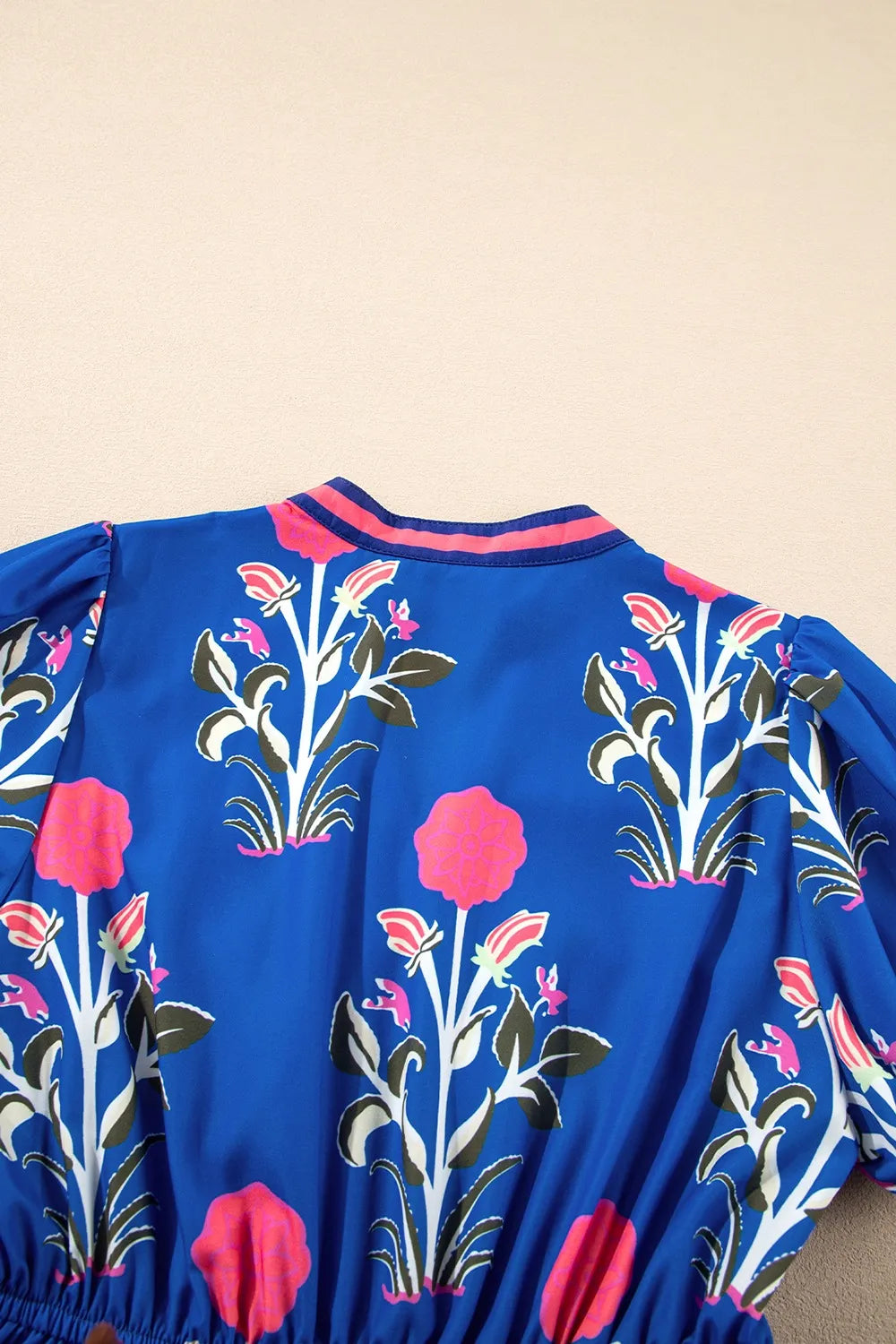 Floral Puff Short Sleeve Notched High Waist Dress - Velora