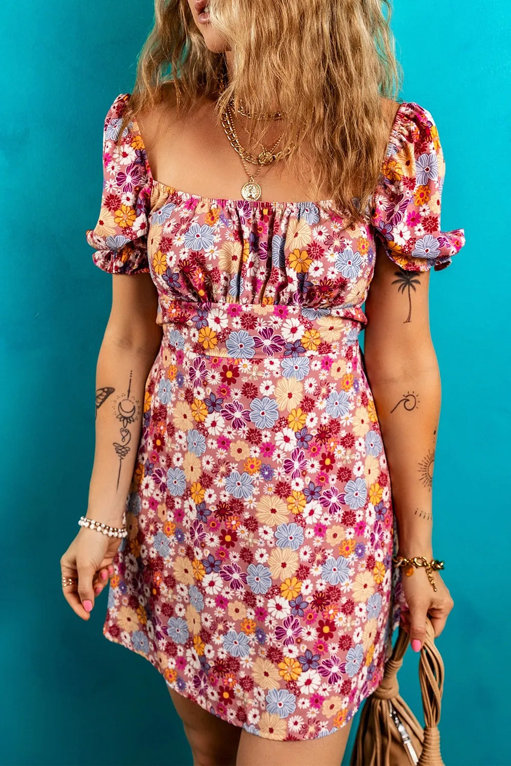 Floral Puff Sleeve Square Neck Knot Open Back Mini Dress - Velora Luxury Fashion