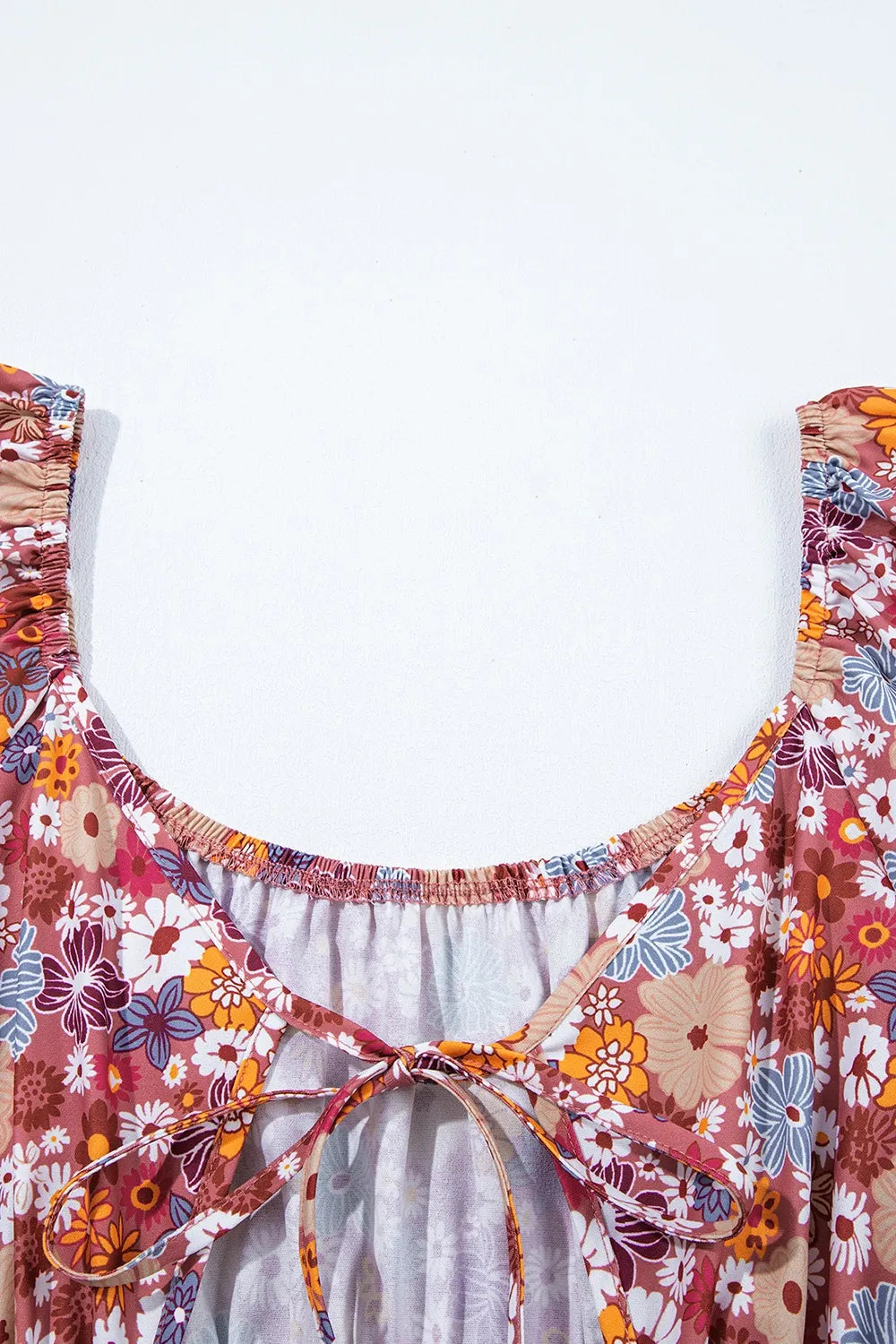 Floral Puff Sleeve Square Neck Knot Open Back Mini Dress - Velora Luxury Fashion