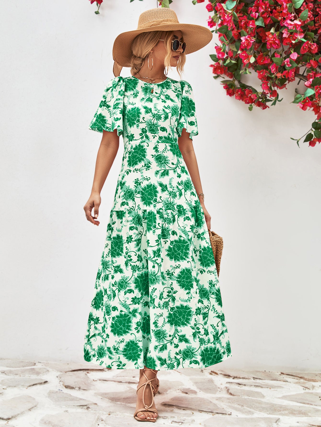 Floral Round Neck Tied Open Back Dress - Velora Luxury Fashion