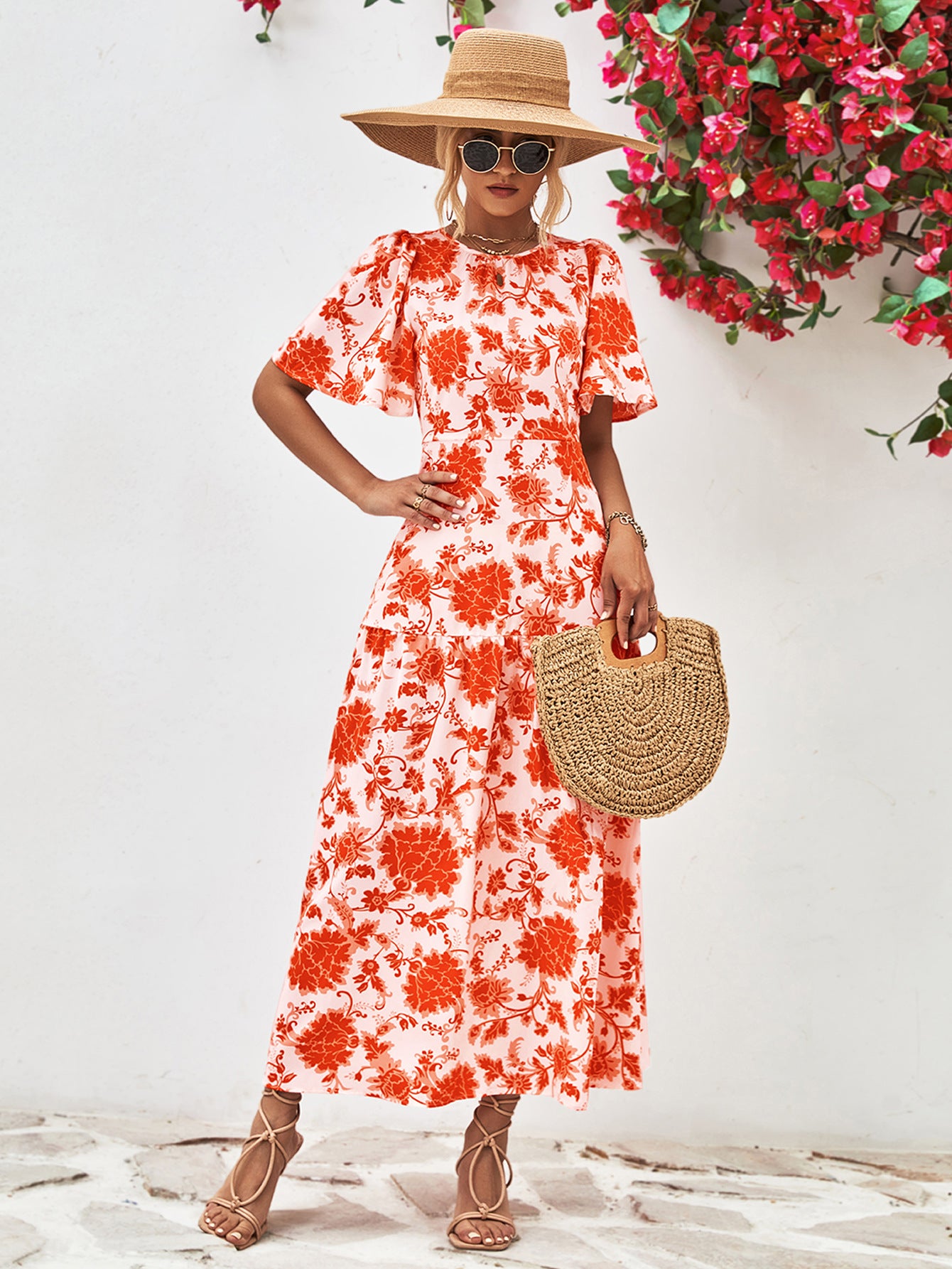 Floral Round Neck Tied Open Back Dress - Velora Luxury Fashion