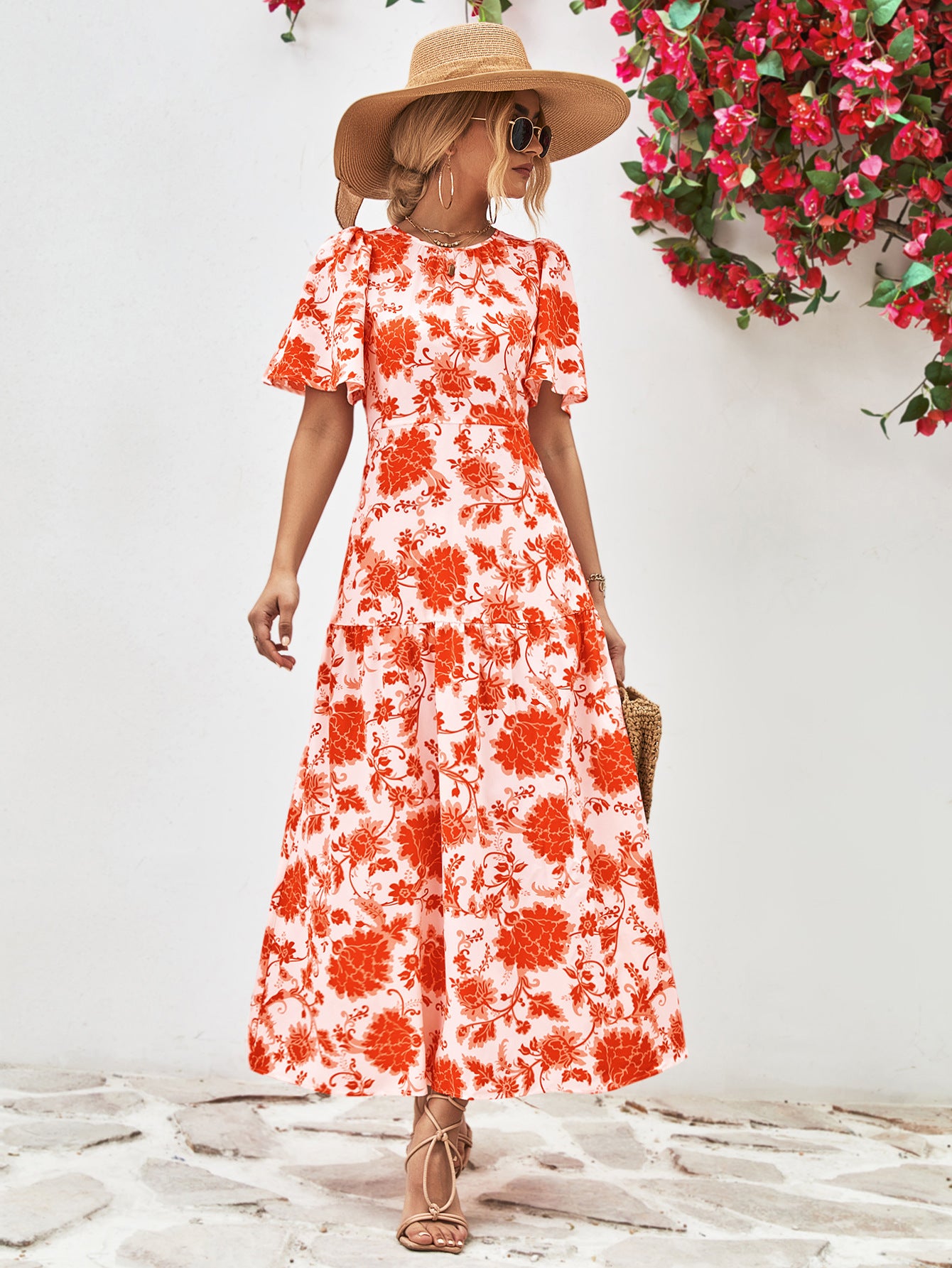 Floral Round Neck Tied Open Back Dress - Velora Luxury Fashion