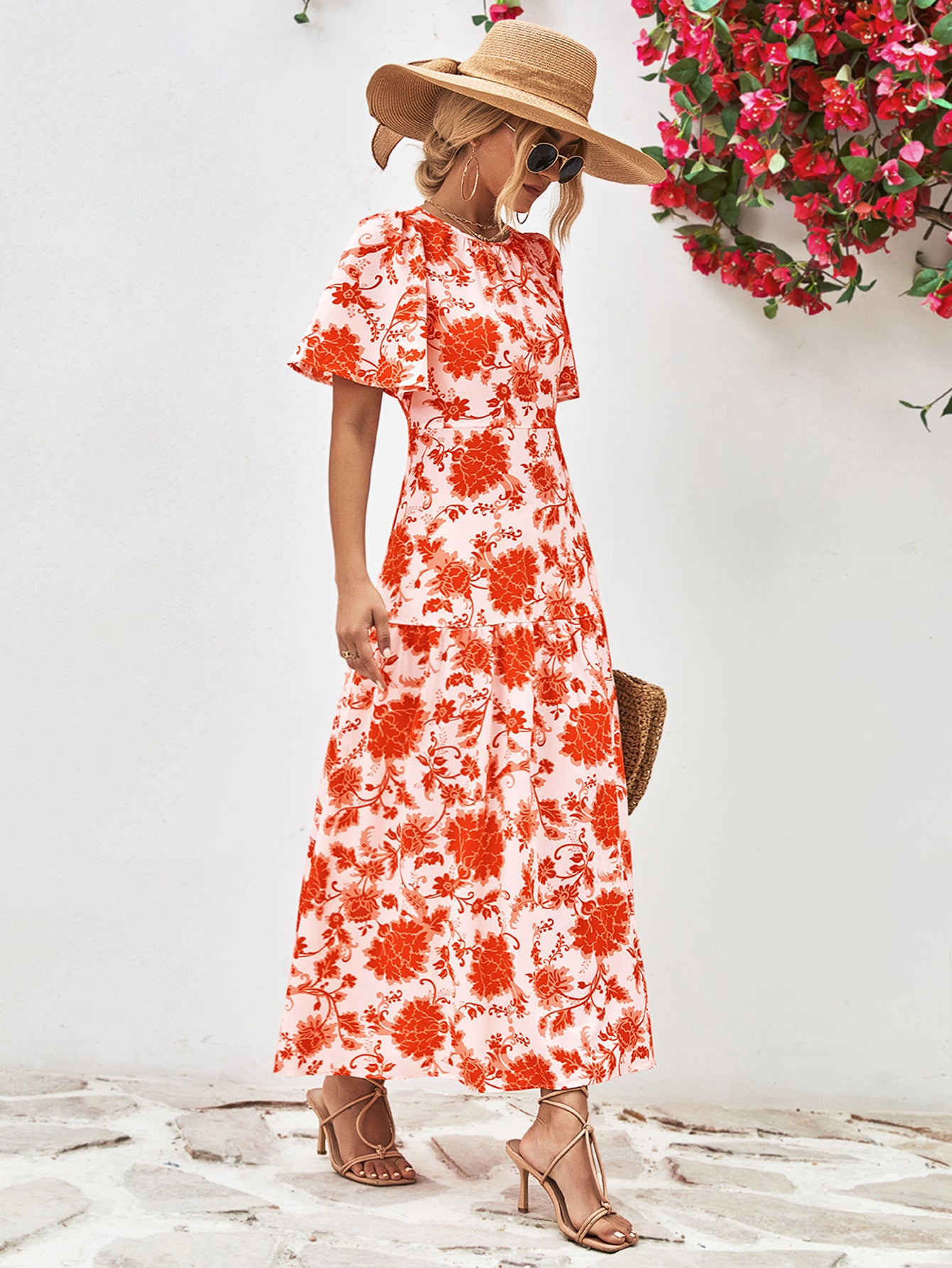 Floral Round Neck Tied Open Back Dress - Velora Luxury Fashion