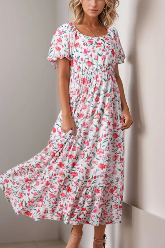 Floral Short Puff Sleeve Tiered Dress - Velora Luxury Fashion