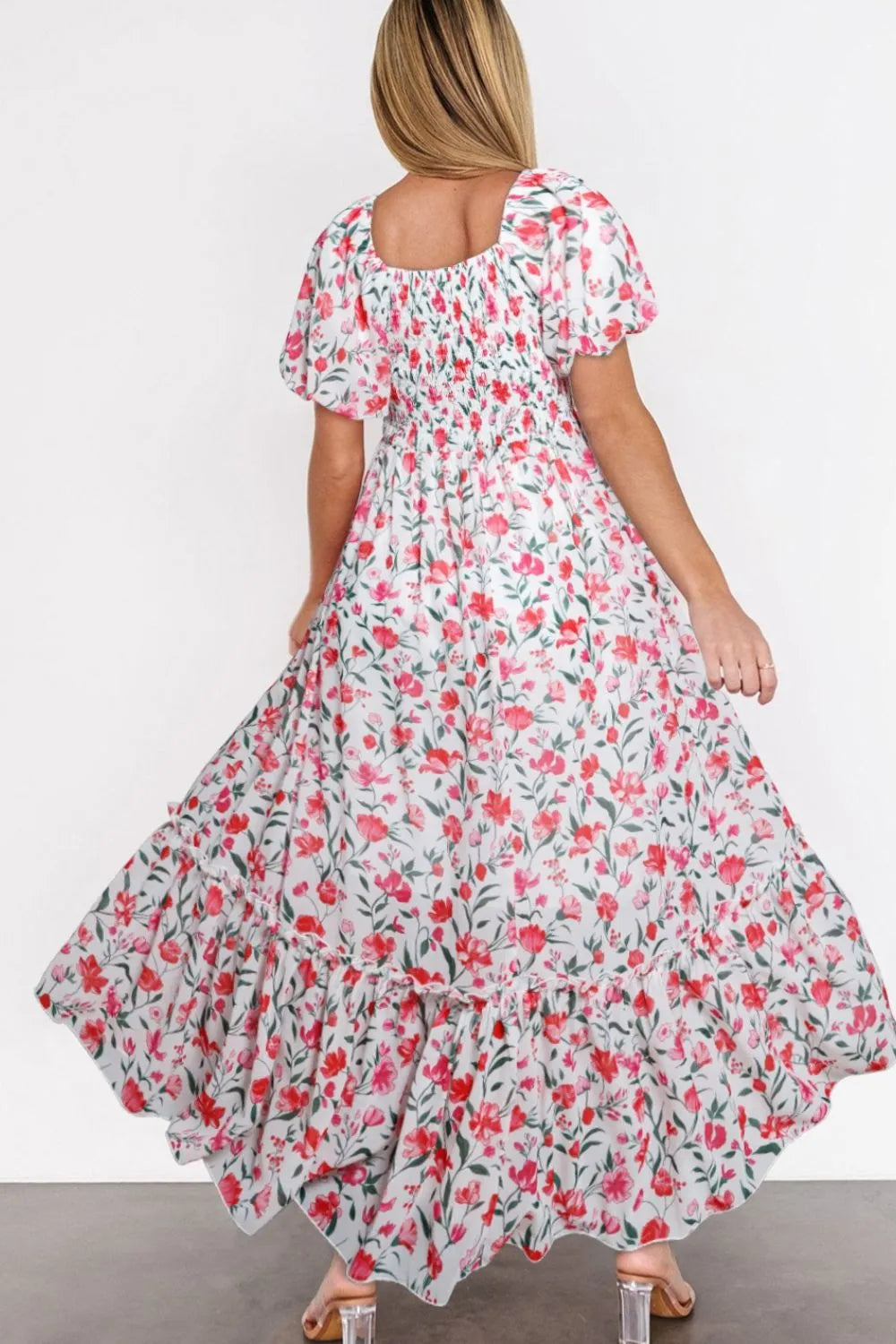 Floral Short Puff Sleeve Tiered Dress - Velora Luxury Fashion