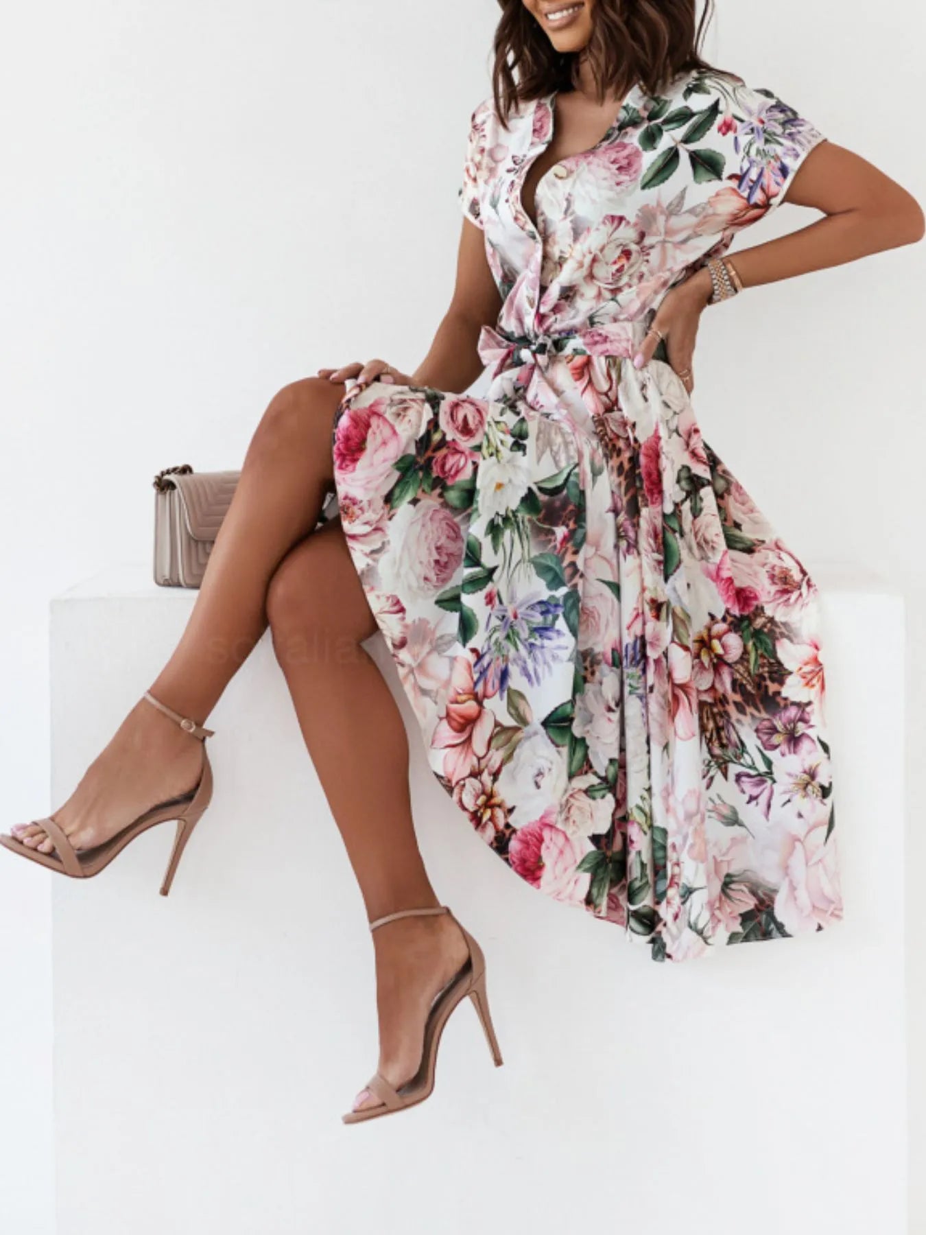 Floral Short Sleeve Midi Dress - Velora Luxury Fashion