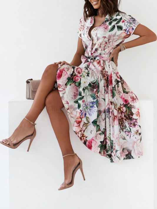 Floral Short Sleeve Midi Dress - Velora Luxury Fashion