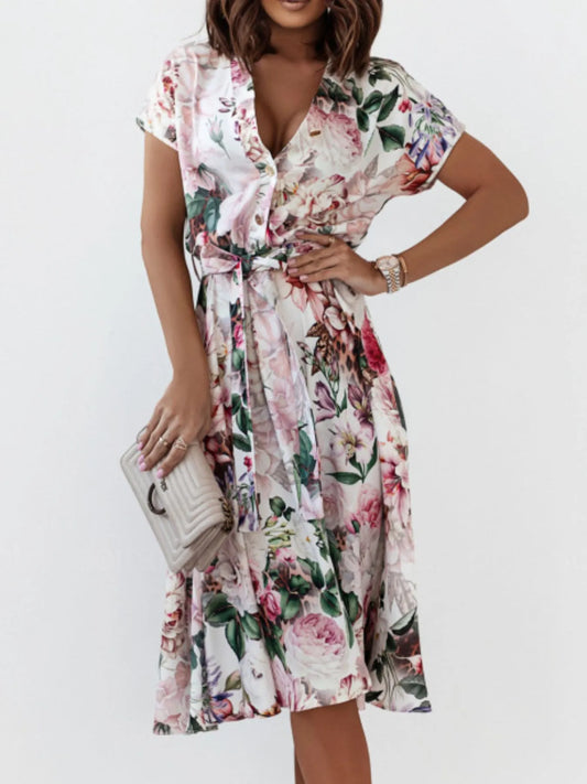 Floral Short Sleeve Midi Dress - Velora Luxury Fashion