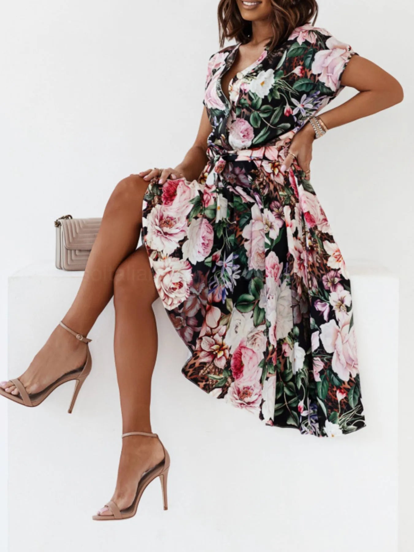 Floral Short Sleeve Midi Dress - Velora Luxury Fashion