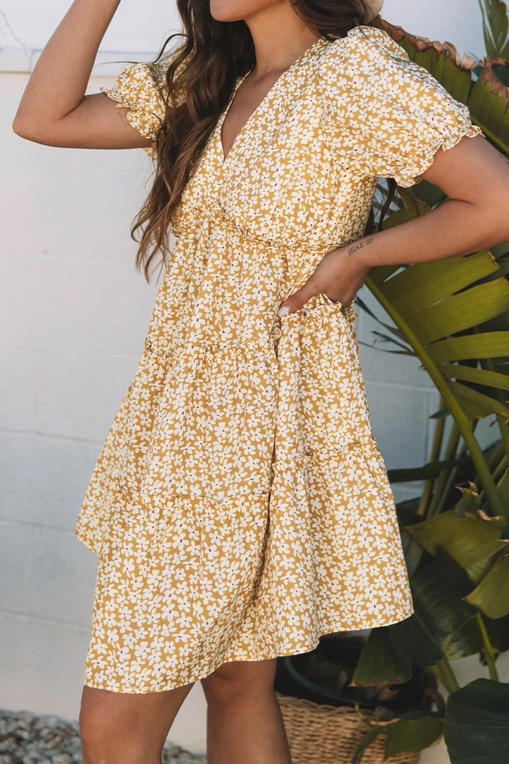 Floral Short Sleeve Surplice Frilly Tiered Mini Dress - Velora Luxury Fashion