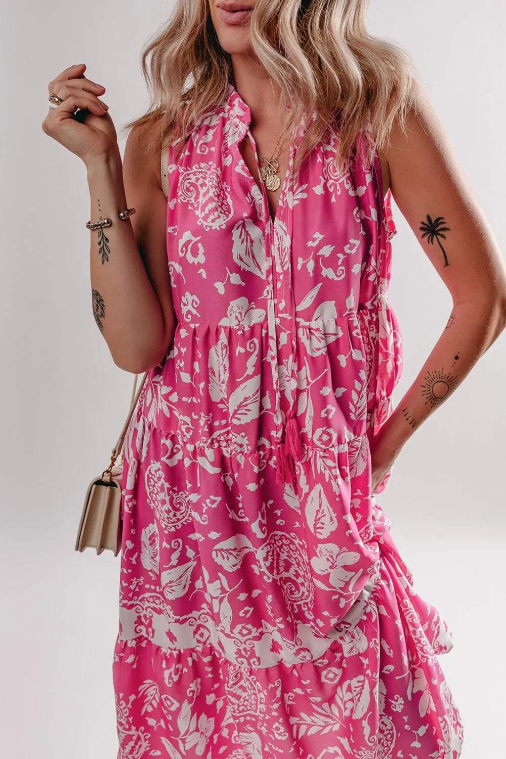 Floral Sleeveless Tasseled Tie Neck Tiered Midi Dress - Velora Luxury Fashion