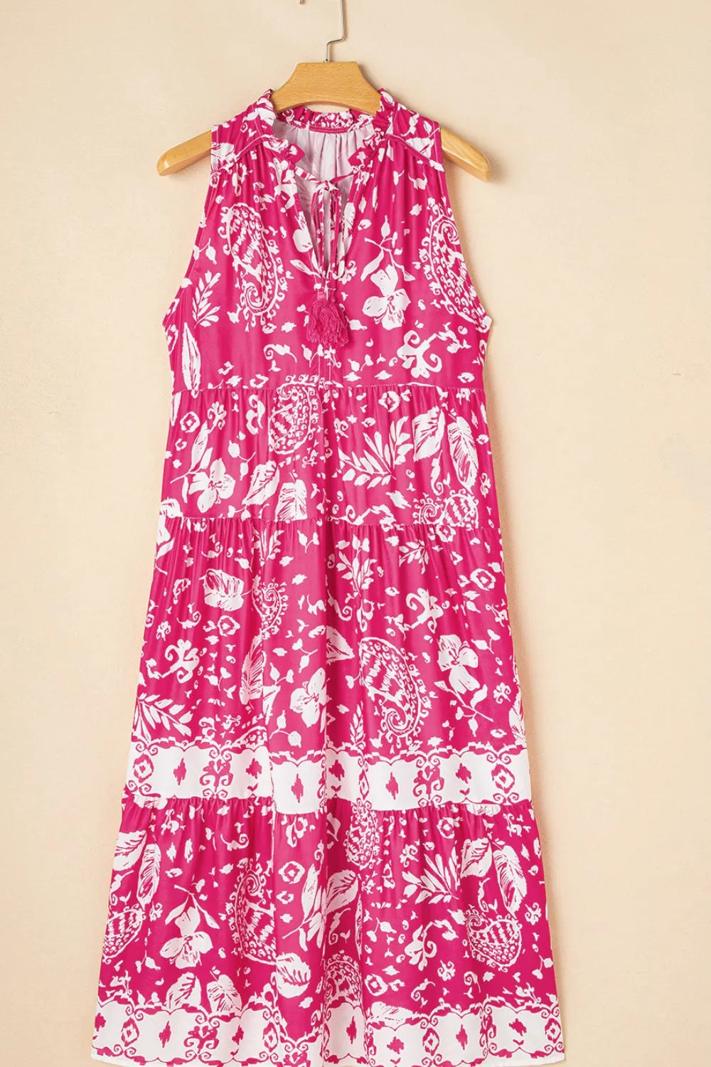 Floral Sleeveless Tasseled Tie Neck Tiered Midi Dress - Velora Luxury Fashion