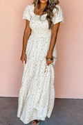 Floral Smocked Short Puff Sleeve Maxi Dress - Velora Luxury Fashion