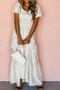 Floral Smocked Short Puff Sleeve Maxi Dress - Velora Luxury Fashion
