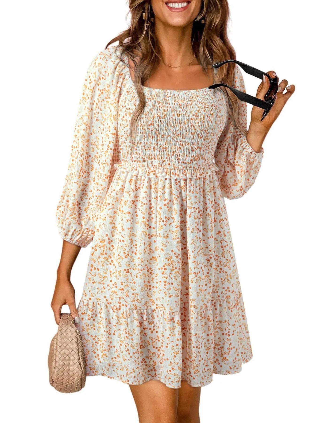 Floral Smocked Square Neck Mini Dress - Velora Luxury Fashion