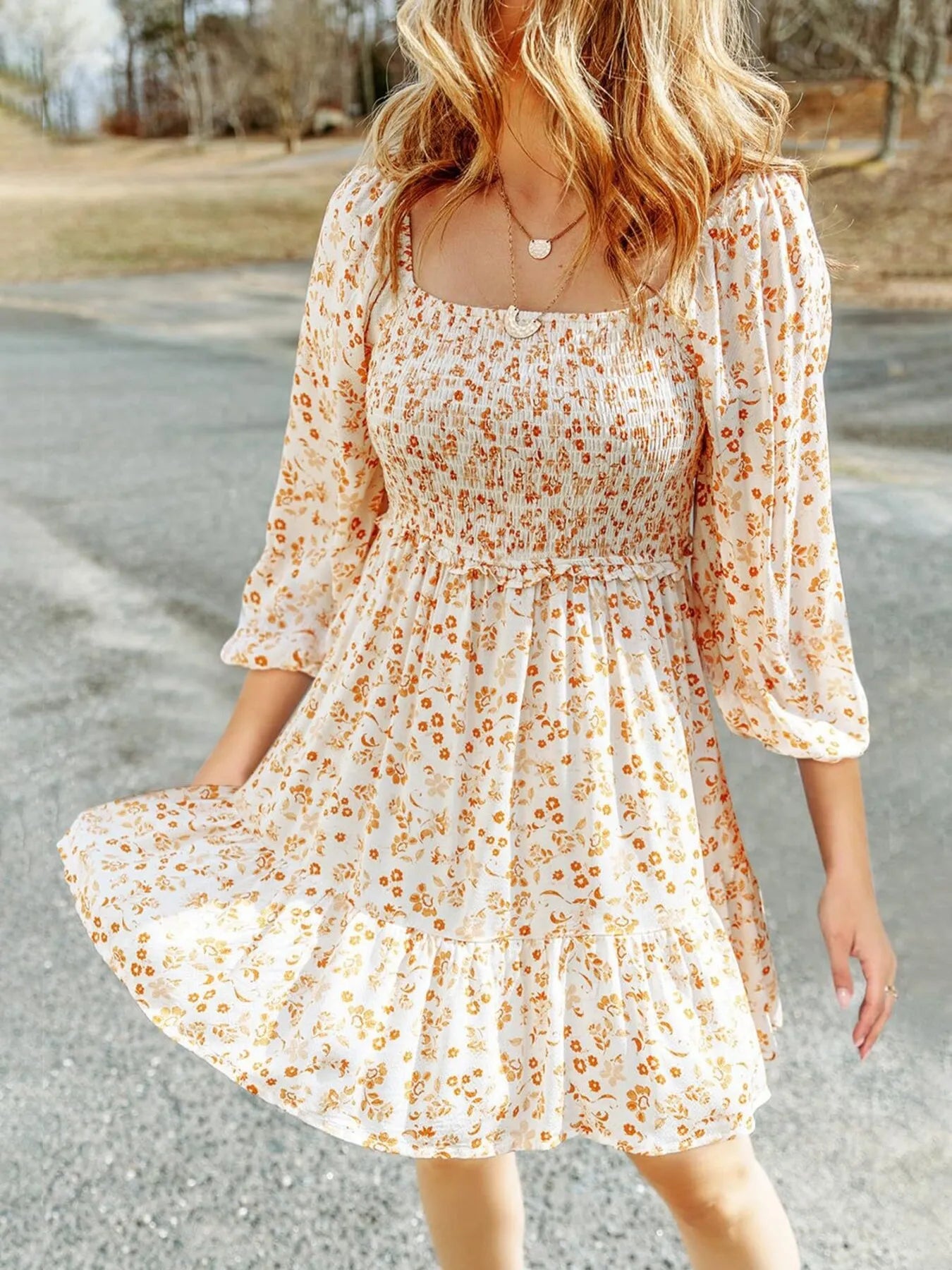 Floral Smocked Square Neck Mini Dress - Velora Luxury Fashion