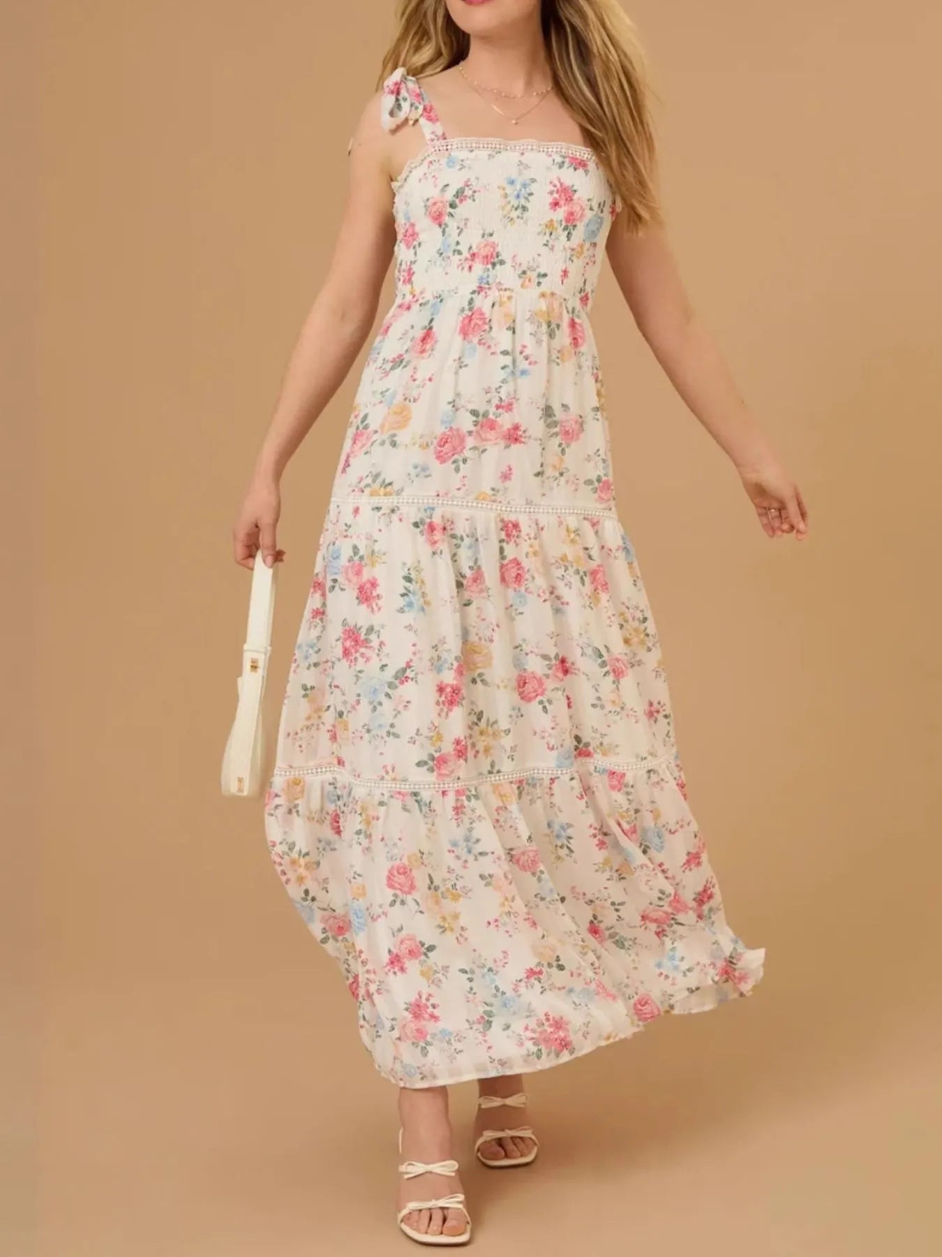 Floral Smocked Tiered Maxi Dress with Tie Straps - Velora Luxury Fashion