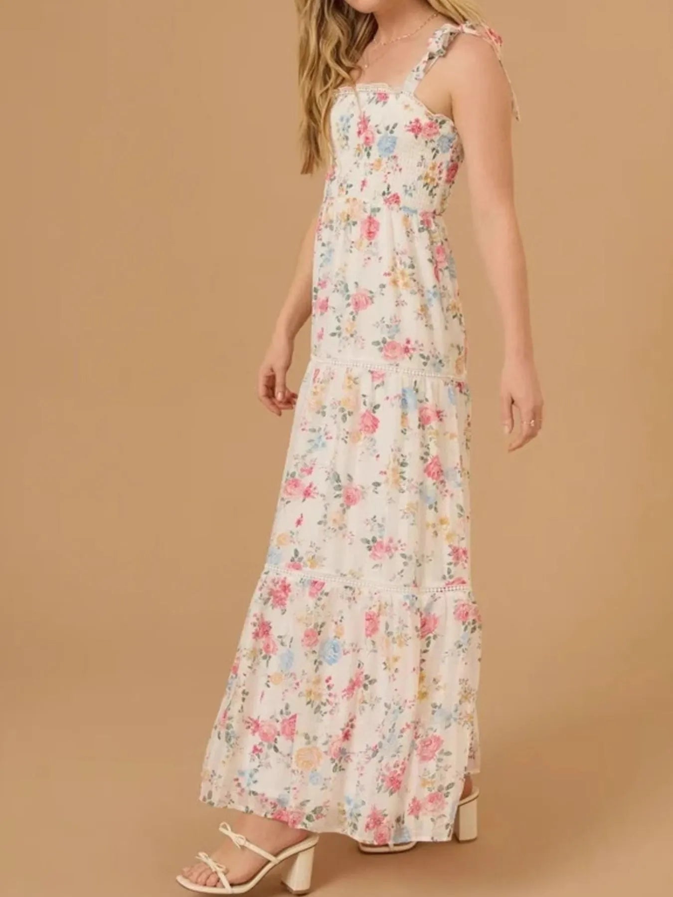 Floral Smocked Tiered Maxi Dress with Tie Straps - Velora Luxury Fashion