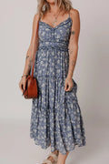 Floral Spaghetti Strap Frilled V Neck Tiered Midi Dress - Velora Luxury Fashion
