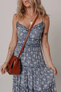 Floral Spaghetti Strap Frilled V Neck Tiered Midi Dress - Velora Luxury Fashion