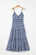 Floral Spaghetti Strap Frilled V Neck Tiered Midi Dress - Velora Luxury Fashion