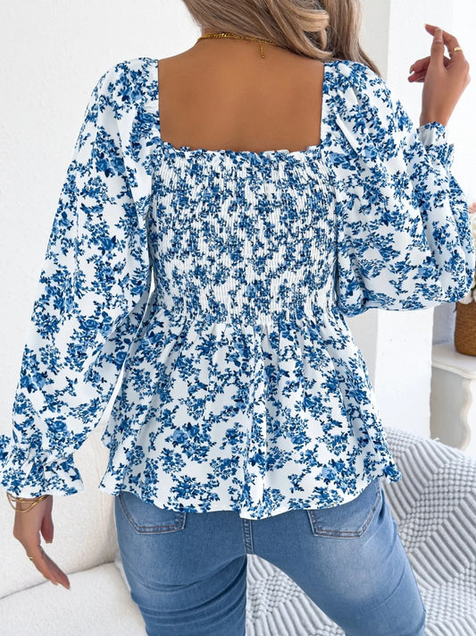 Floral Square Neck Flounce Sleeve Blouse - Velora Luxury Fashion