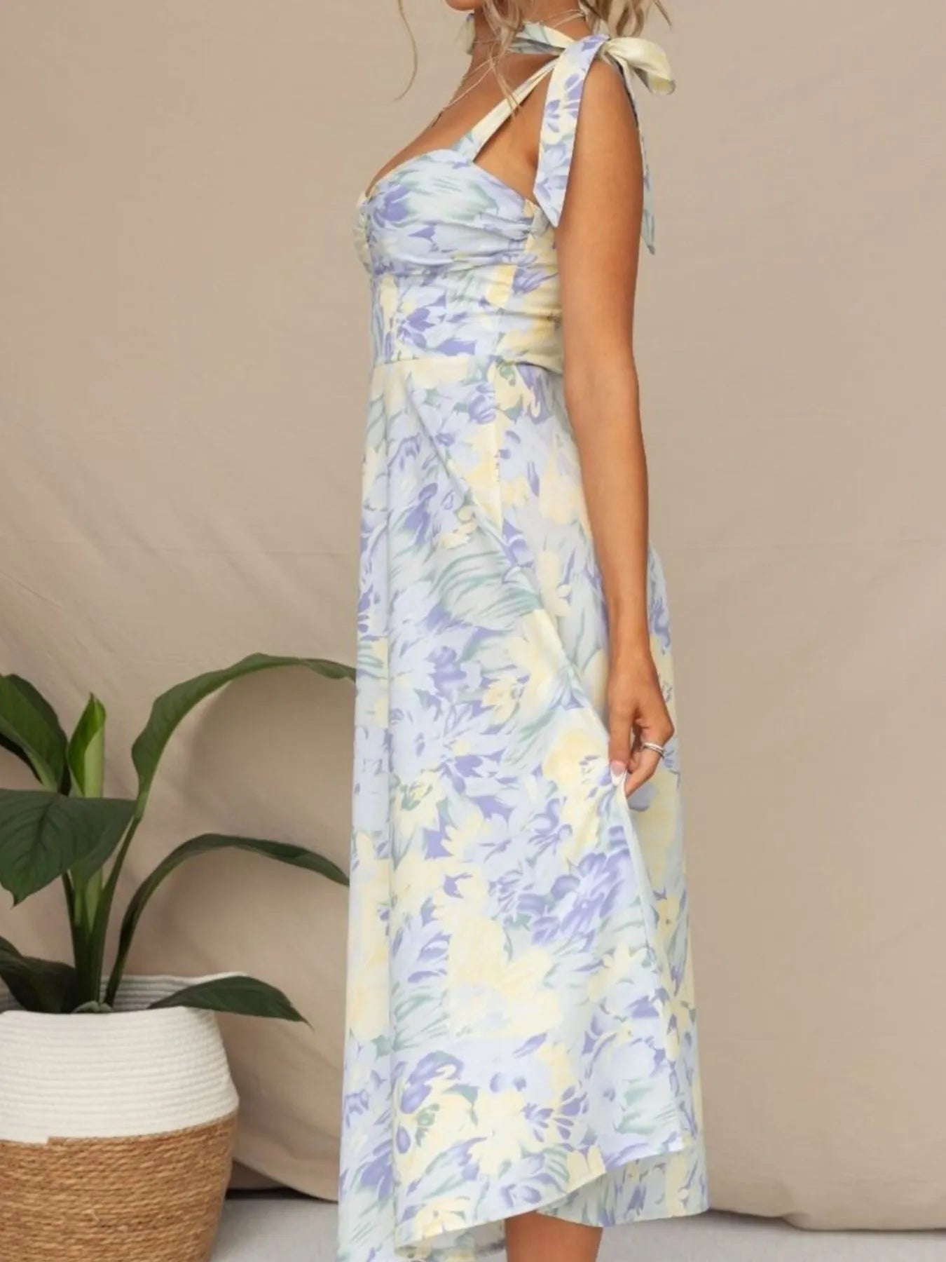 Floral Tie-Strap Sweetheart Neck Midi Dress - Velora Luxury Fashion