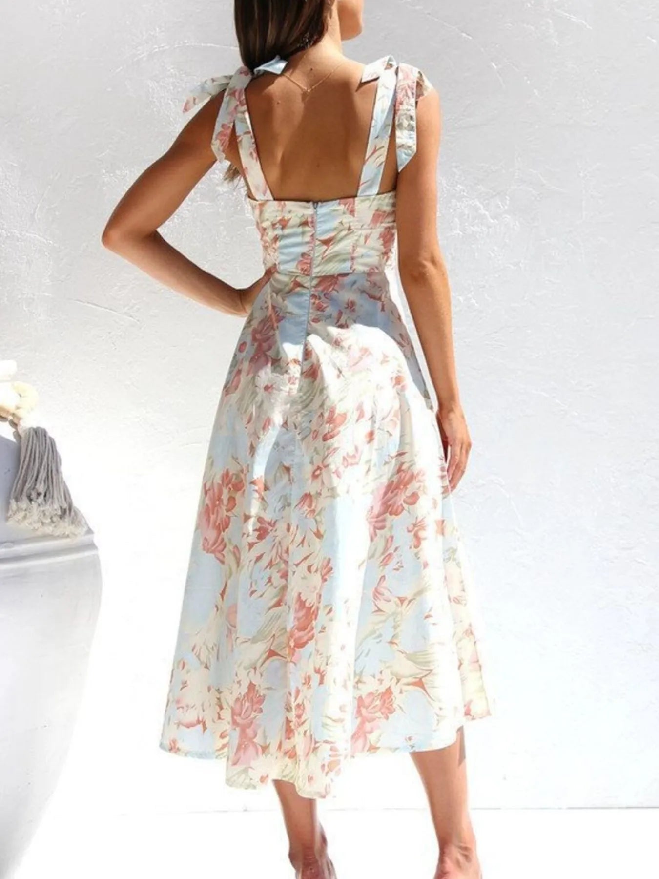 Floral Tie-Strap Sweetheart Neck Midi Dress - Velora Luxury Fashion