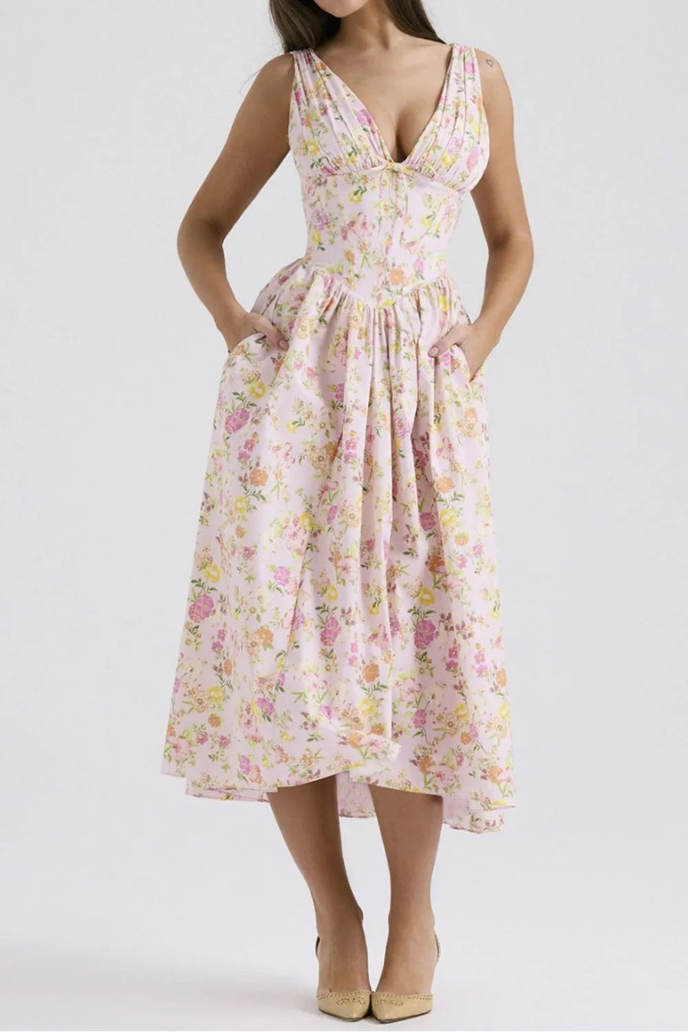 Floral V-Neck Sleeveless Midi Dress with Pockets - Velora Luxury Fashion