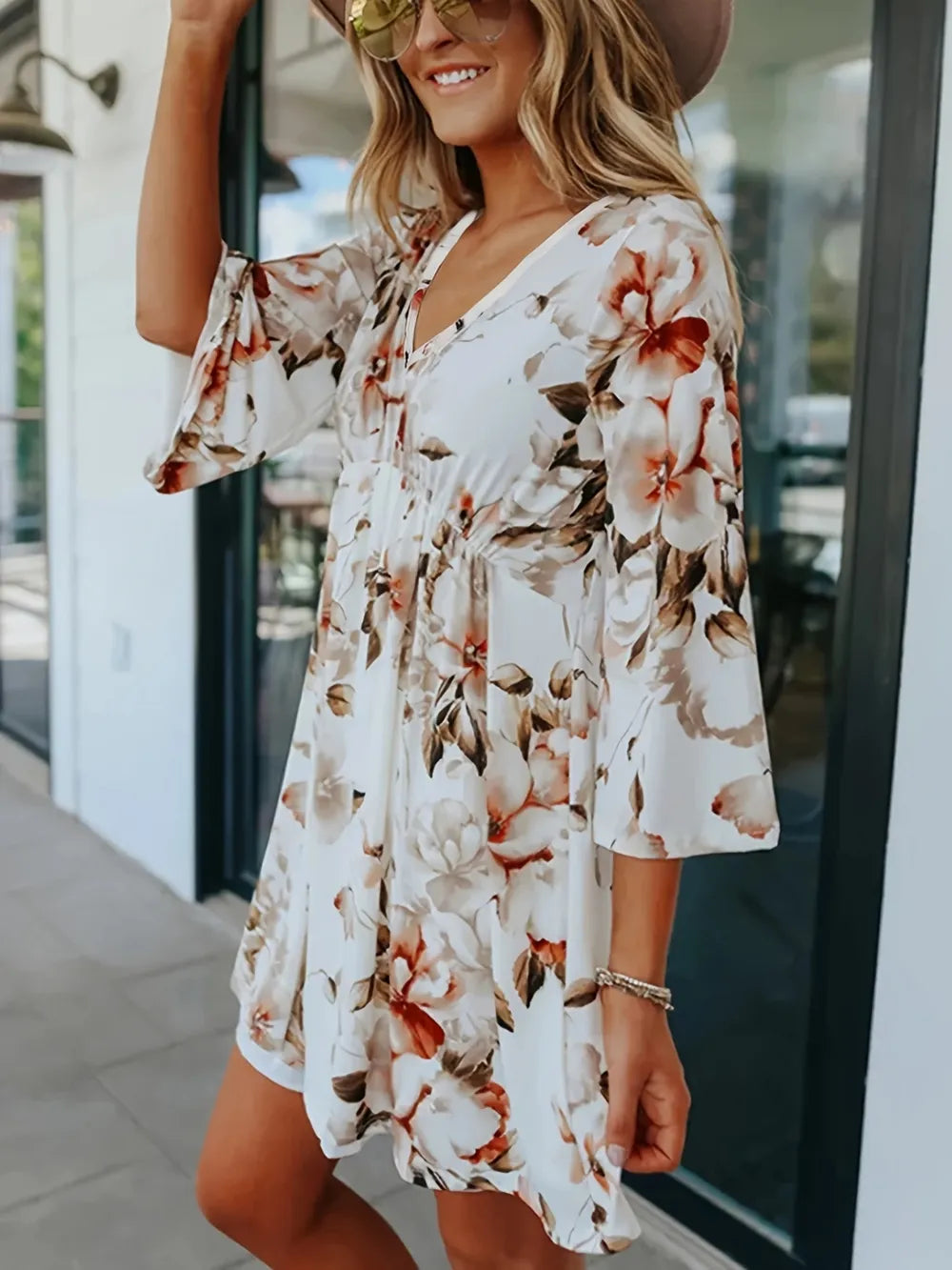 Floral V-Neck Three-Quarter Sleeve Mini Dress - Velora Luxury Fashion