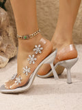 Flower Embellished Clear Strap High Heel Sandals - Velora Luxury Fashion