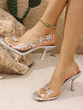 Flower Embellished Clear Strap High Heel Sandals - Velora Luxury Fashion
