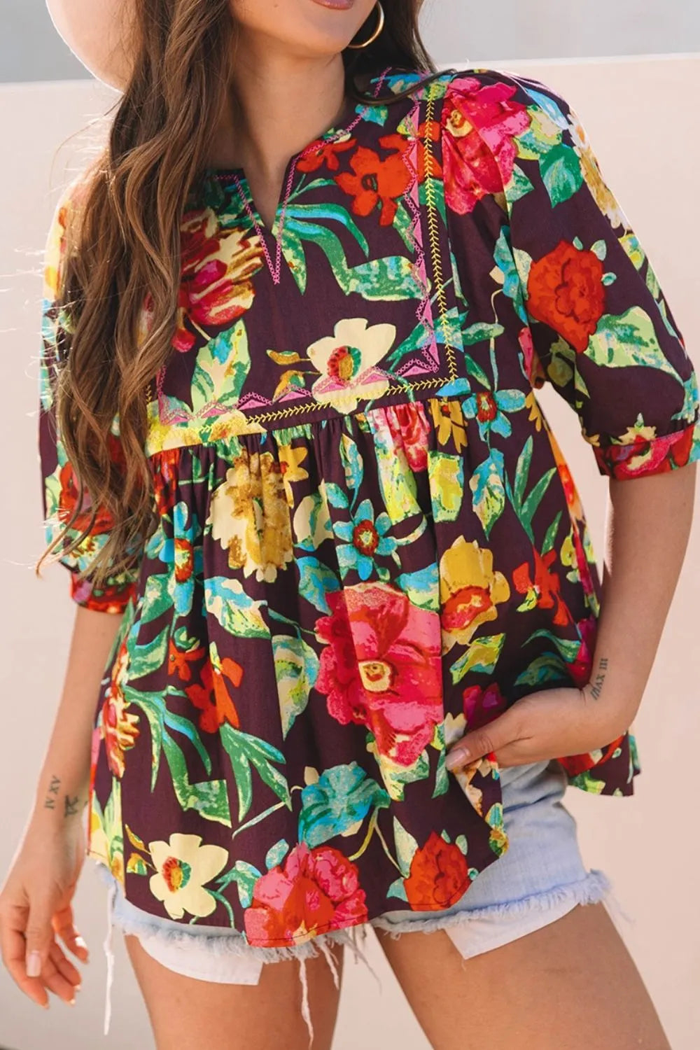 Flower Embroidered Trim Half Sleeve Blouse - Velora Luxury Fashion